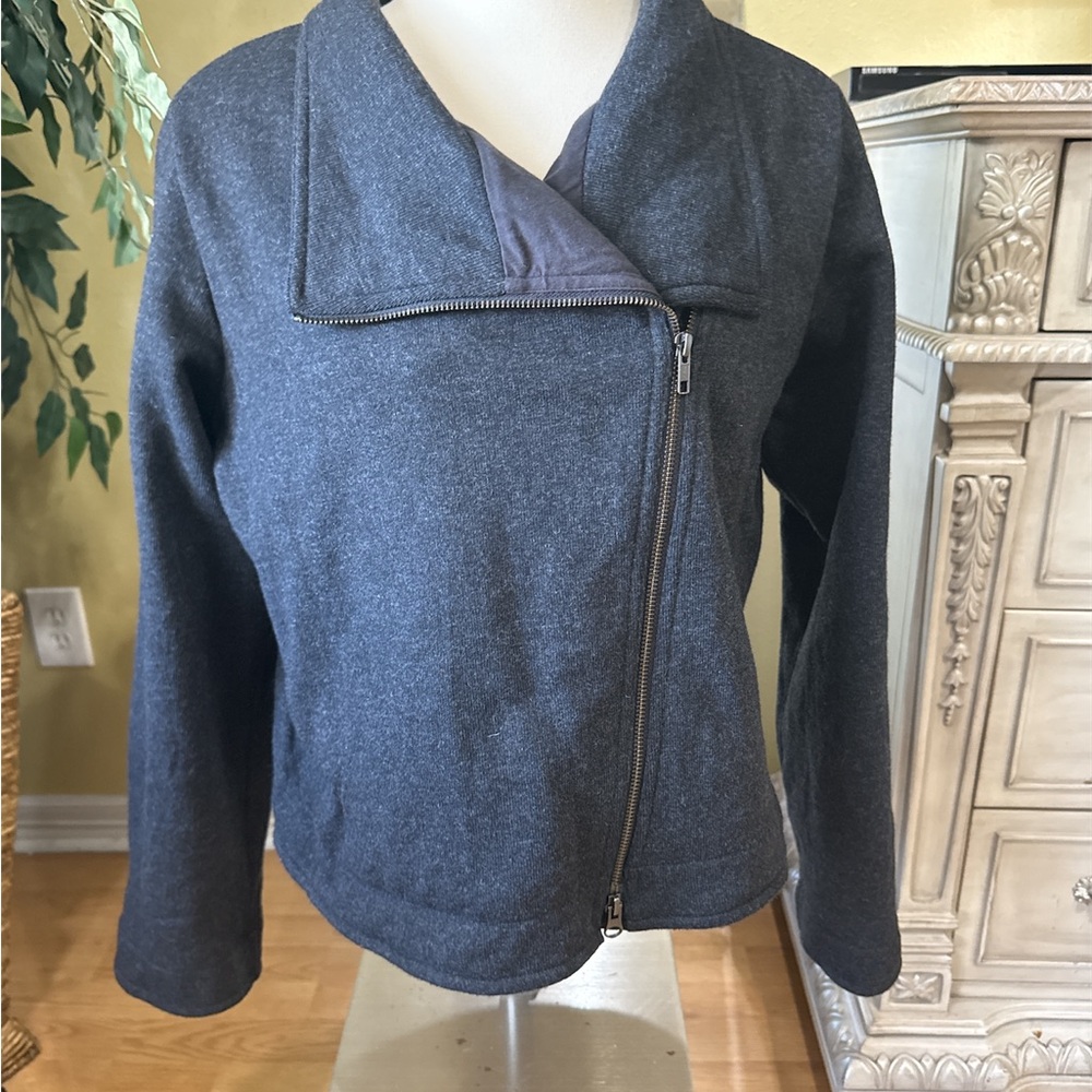 Eileen Fisher Wool Blend Asymmetrical grey Zip Jacket L